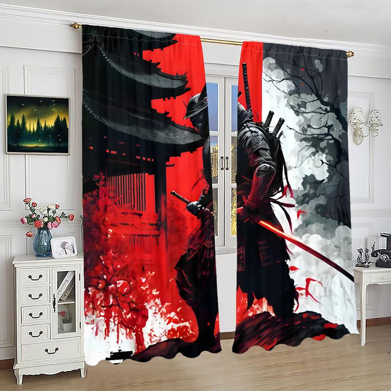 2pcs- Ink-wash style Sunset Warrior Polyester curtains, pole bag curtains 42*84, bedroom, living room, home room decoration