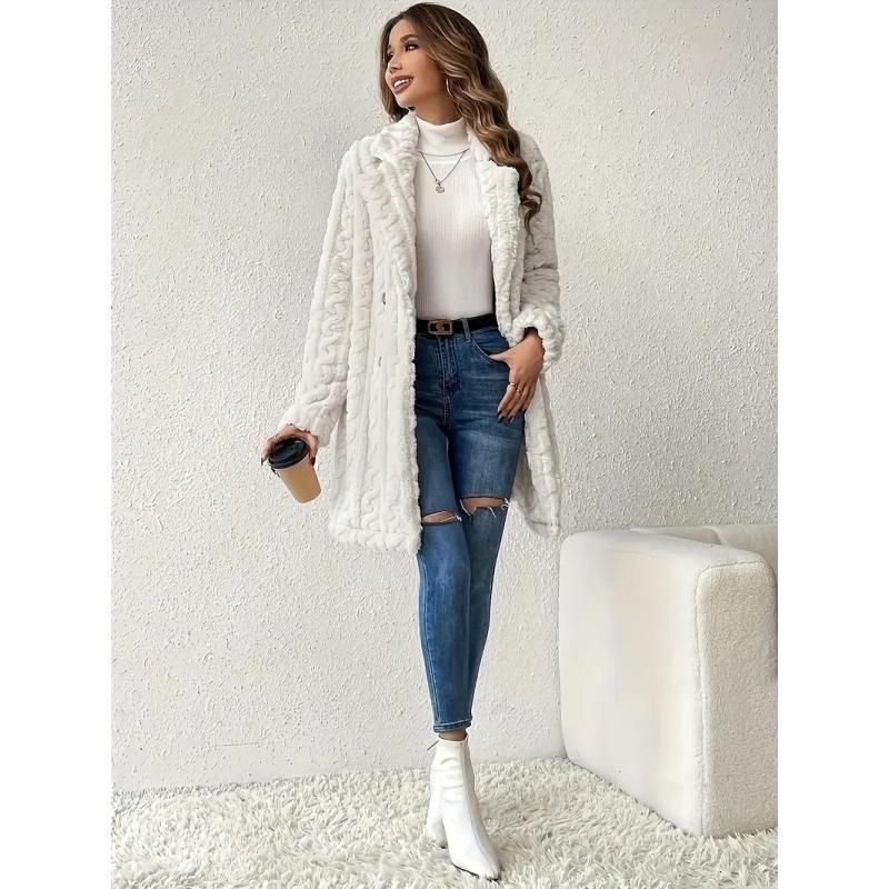 Double Breasted Lapel Teddy Bear Coat, Hundred Long Sleeve Textured Warm Winter Coat, Women's Clothing