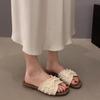 Foreign-style Small Fragrant Wind One-word Drag Girl 2025 Summer New Flat-bottomed Pearl Cool Slippers Outer Wear Fairy Beach Explosion