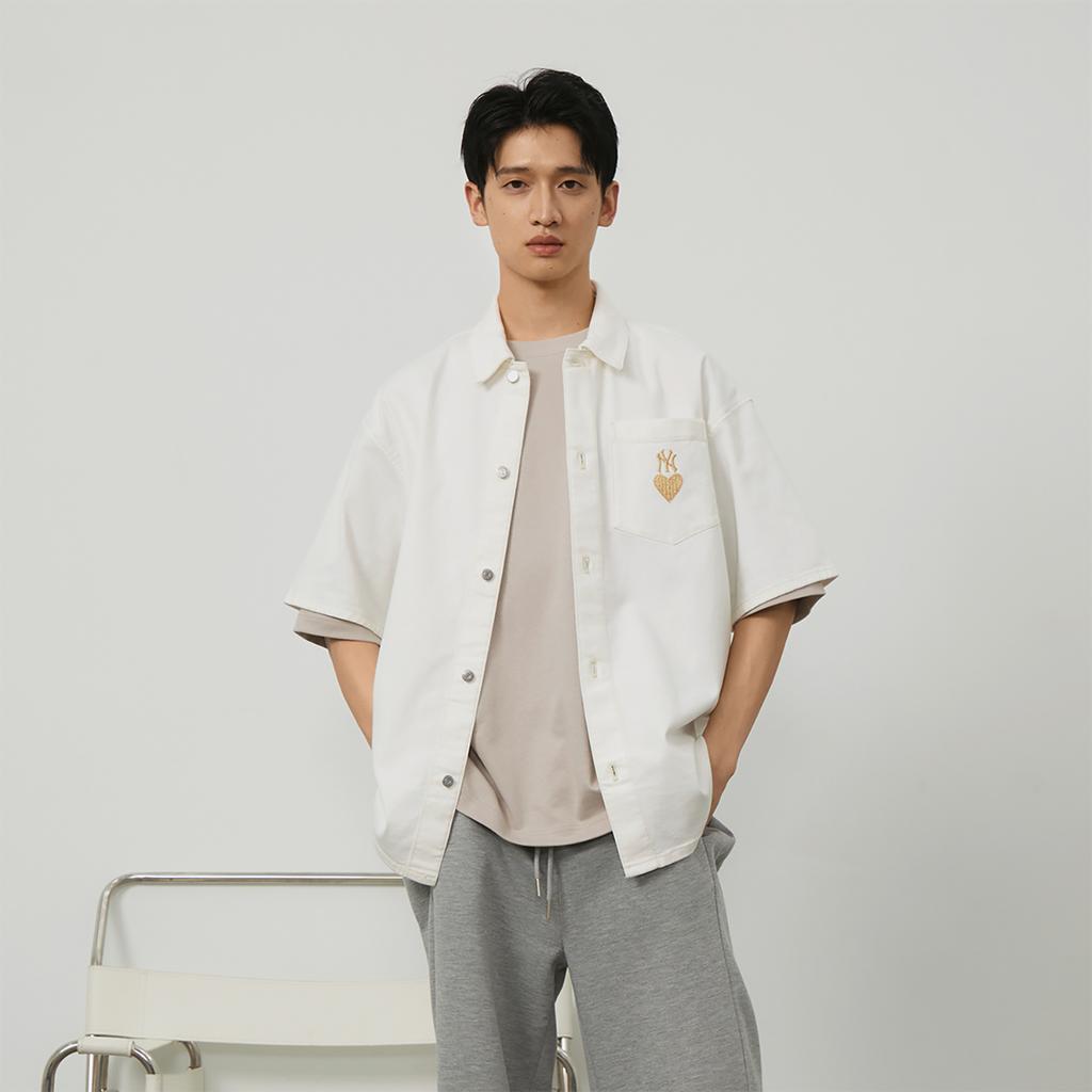 New MLB Base Logo Shirts Unisex Cream 3ADRH0143-50CRS