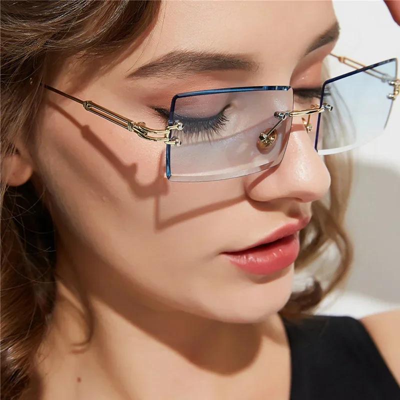 Fashion Rimless Rectangle Sunglasses Women Men Alloy Trendy Brand Small Square Sun Glasses Gradient Black Lens Shades UV400