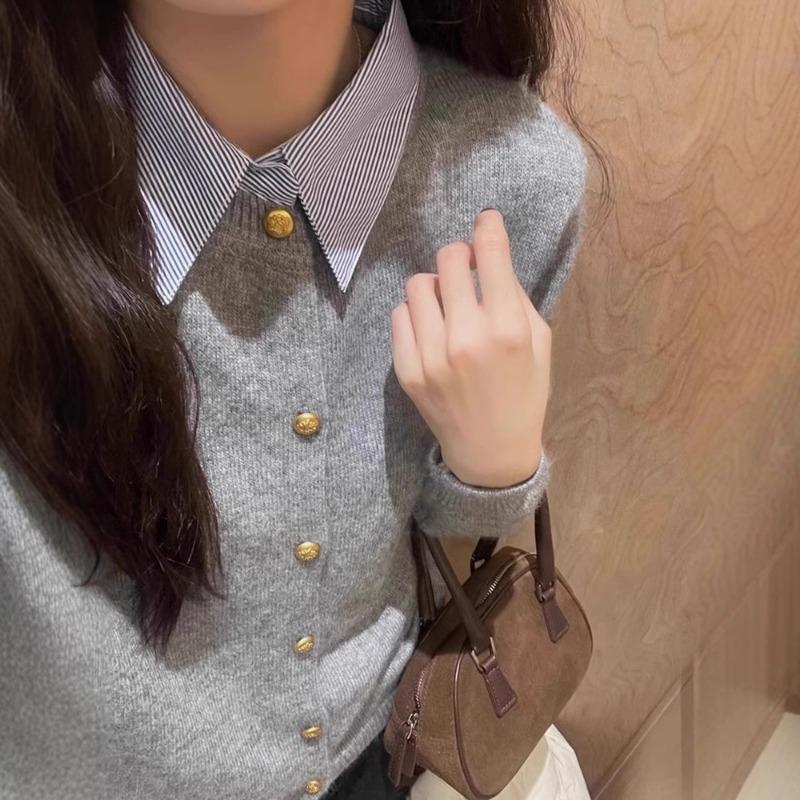 

New Style Shirt Collar Stitching Sweater for Women Fashionable High-end Age-reducing Korean Style Design Top for Women in Spring and Autumn Onesize серый