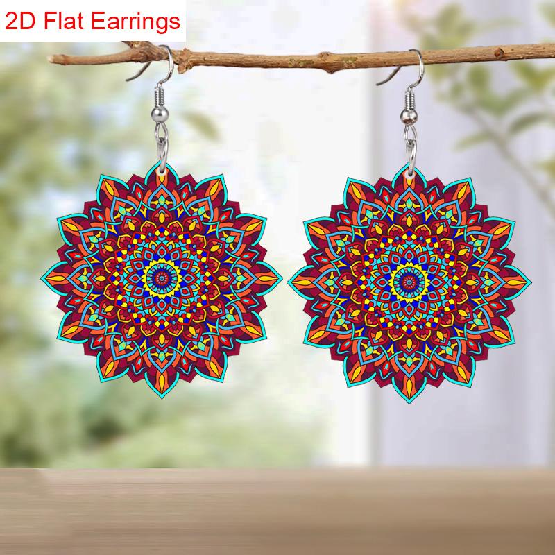 Red/Green Bohemian Mandala Acrylic Earrings for Women Colorful Fashion Earrings Novel and Elegant Earring Jewelry for Holiday Party