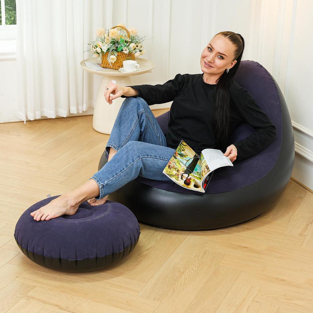 Inflatable Foldable Outdoor Sofa Bed & Footrest Flocking Lounger Chair