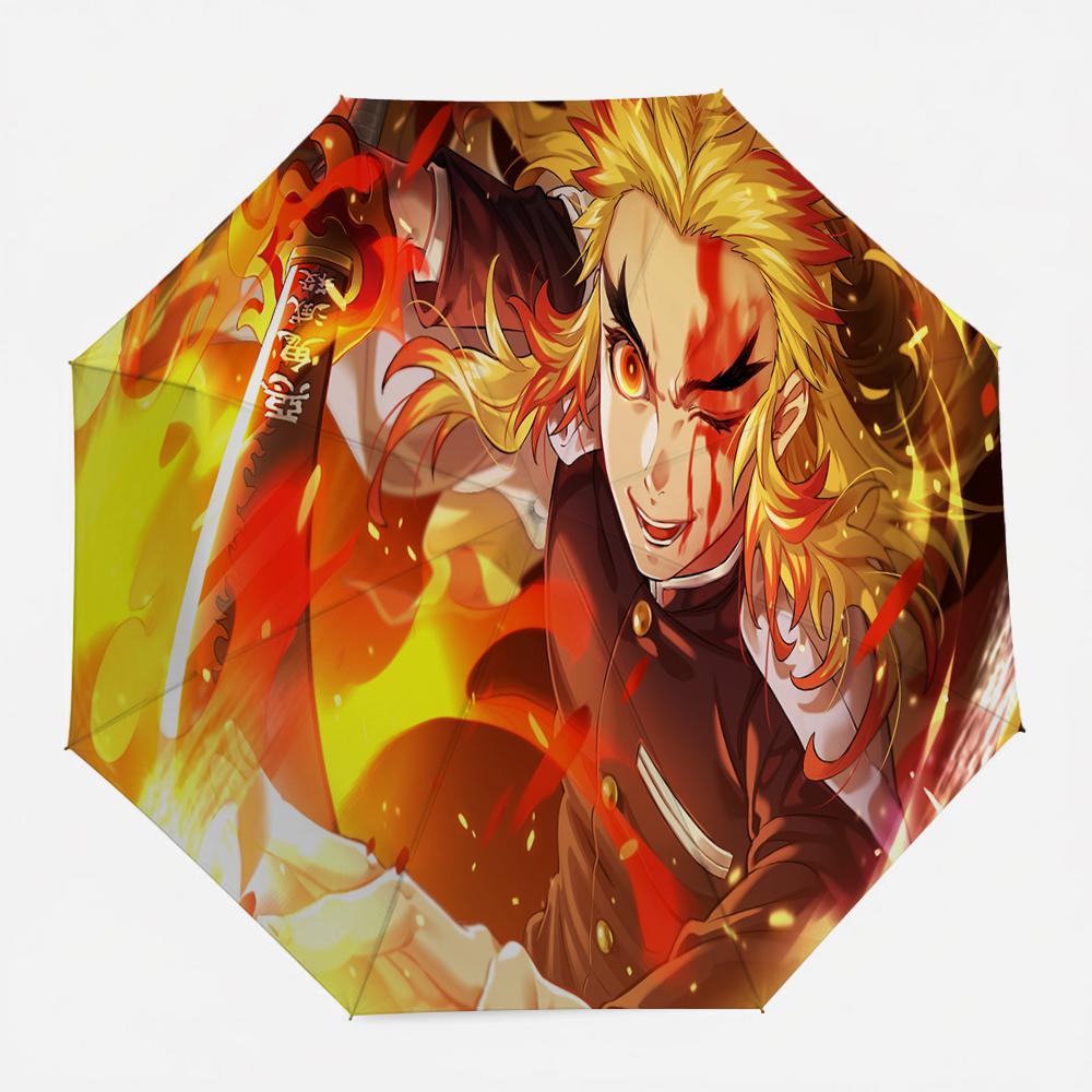 Demon Slayer Kimetsu no Yaiba Kyojuro Rengoku Fiery Flame Breathing Bloodied Nichirin Sword Print Folding Umbrella - Premium Ani