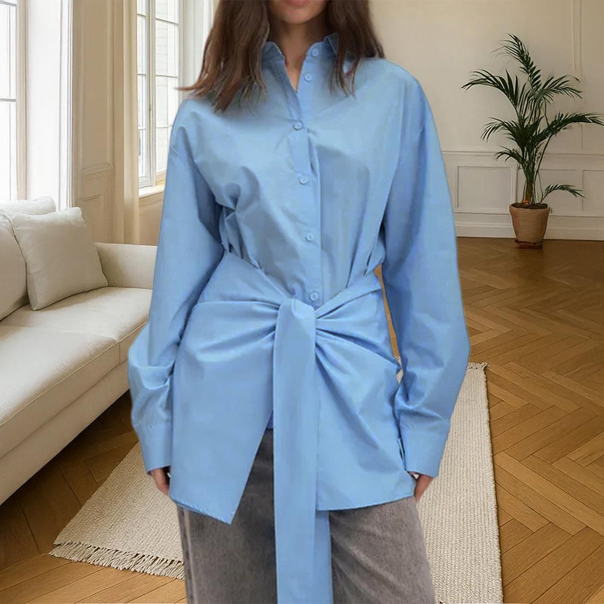 

Европейский и американский повседневный простой пуговичный с длинным рукавом однотонный жилет-рубашка женский 2025 осень и зима S синий