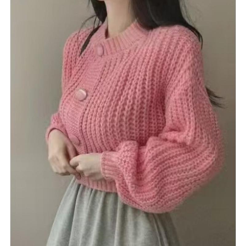 

Осень Новый O-образный вырез Простой кардиган Женский Короткий свитер Длинный рукав Повседневный Свободный Однобортный Жакеты Милая Однотонная одежда one size розовый