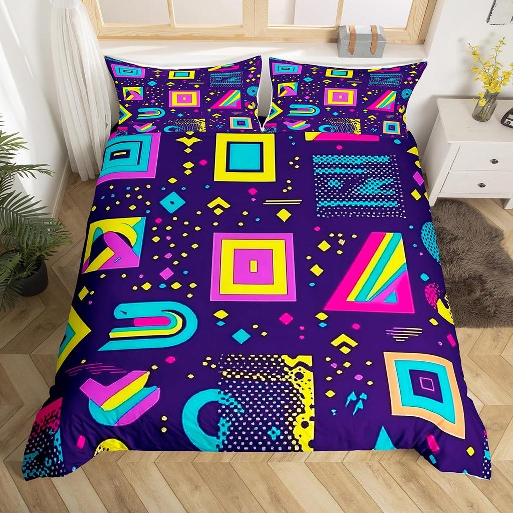 Memphis Geometric Duvet Cover Twin KingRetro Style Round Triangle Shapes Quilt Cover Colorful Graphic 80s 90S Style Bedding Set