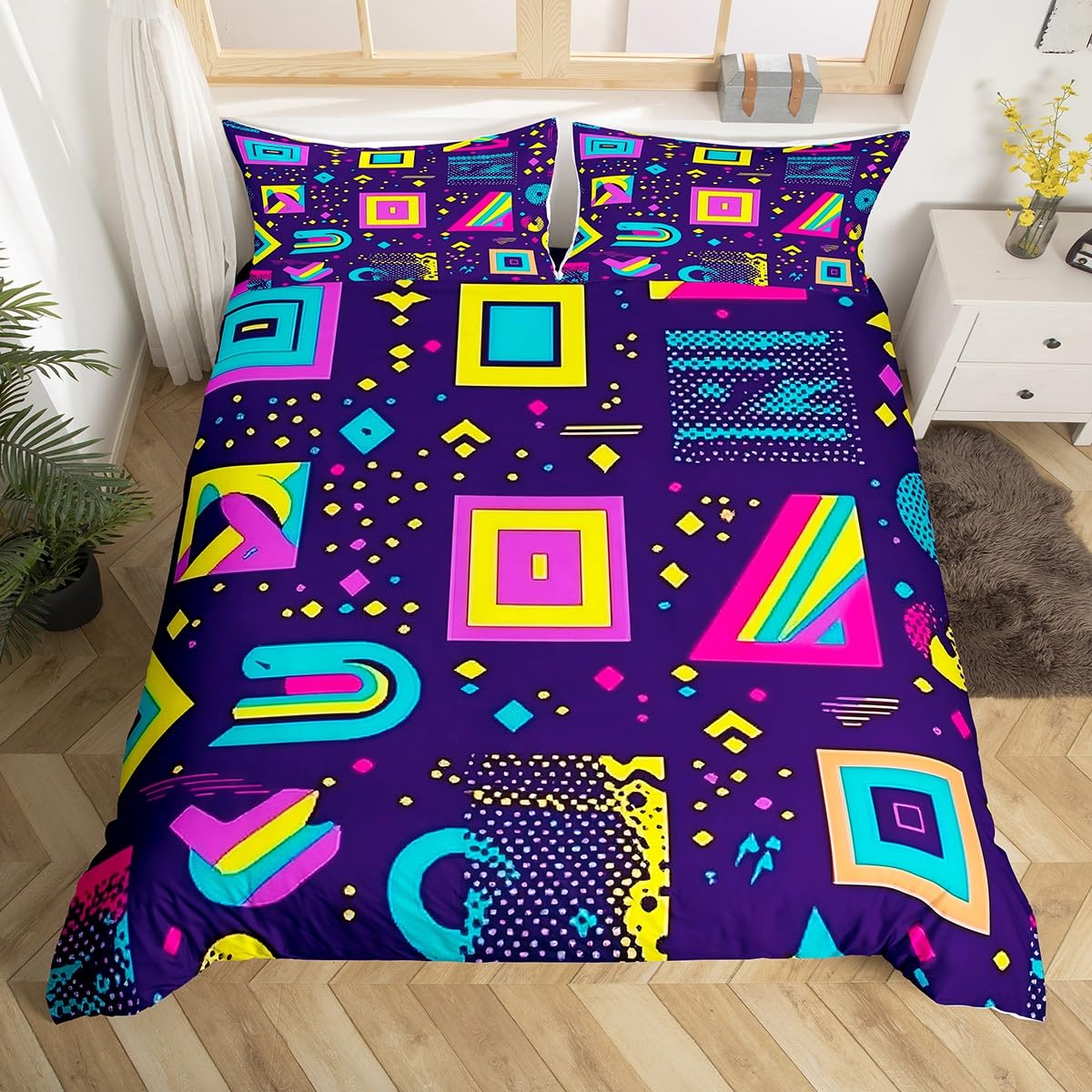 

Comforter Memphis Geometric Twin Kingretro Style Round Triangle Shapes Colorful Graphic 80S 90S Style Bedding Set Comforter (quilt)-EU Single(135*200cm)3pcs