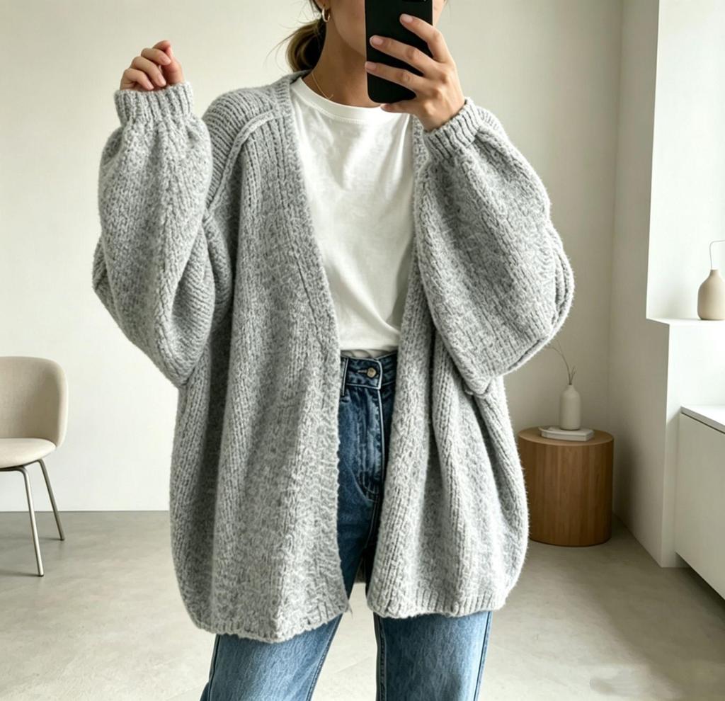 Autumn/Winter Solid Color Knit Cardigan: Women's Loose Patchwork Long Sleeve Sweater
