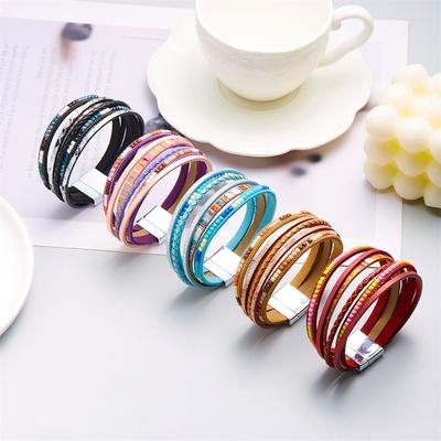 Böhmisches Lederarmband, geometrische Perlenkette, mehrschichtiger Wickelarmreif, Damenschmuck