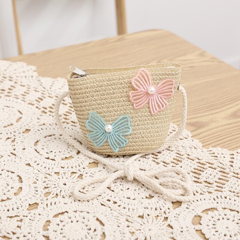 Wide Brim Straw Bag Cap Set Pearl Bow Style Sun Hat Sunscreen Sunshade Hat  for 2-8 Years Kids