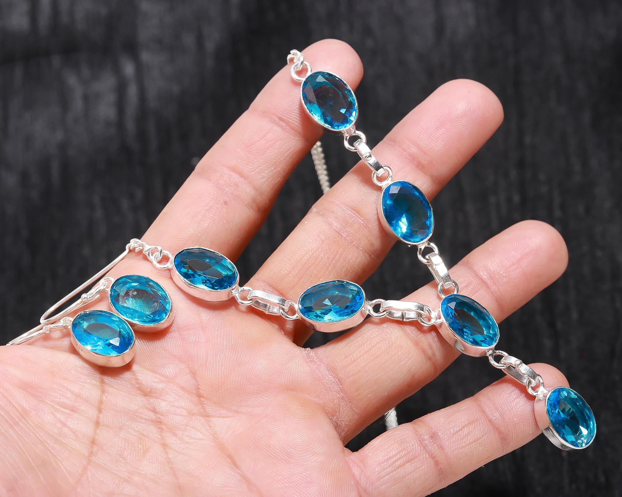 

Blue Topaz Gemstone 925 Sterling Silver Jewelry Charm Necklace & Earring