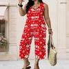 Women Plus Size V Neck Sleeveless Christmas Printed Red Wide Leg Pants Set With Pockets