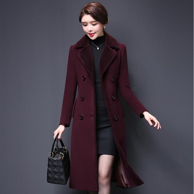 Abrigo de Mezclas de Lana para Mujer Invierno Moda Engrosado Cuello de Cachemir Chaqueta Larga Cálida Ajustada Abrigo Exterior Femenino Tallas Grandes M-5XL