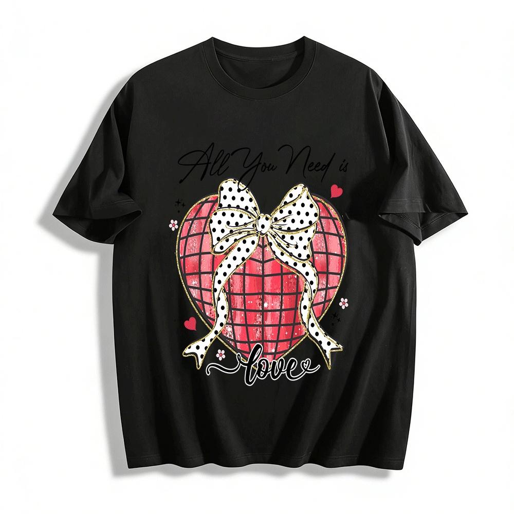 All You Need Is Love Heart Bow Grid Print Casual Top Pure cotton T-shirt XXS