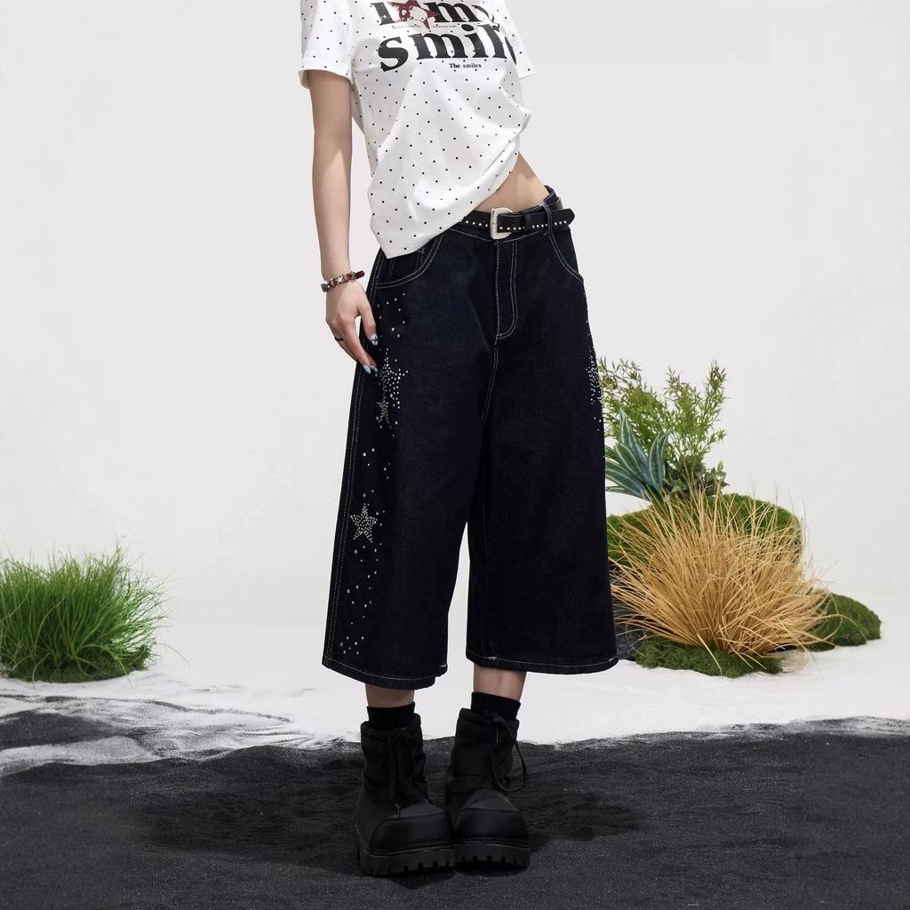Washed Heavy Industry Hot Diamond Star Seven-point Jeans Men's and Women's Summer American High Street Retro Loose Wide-leg Shorts Cotton