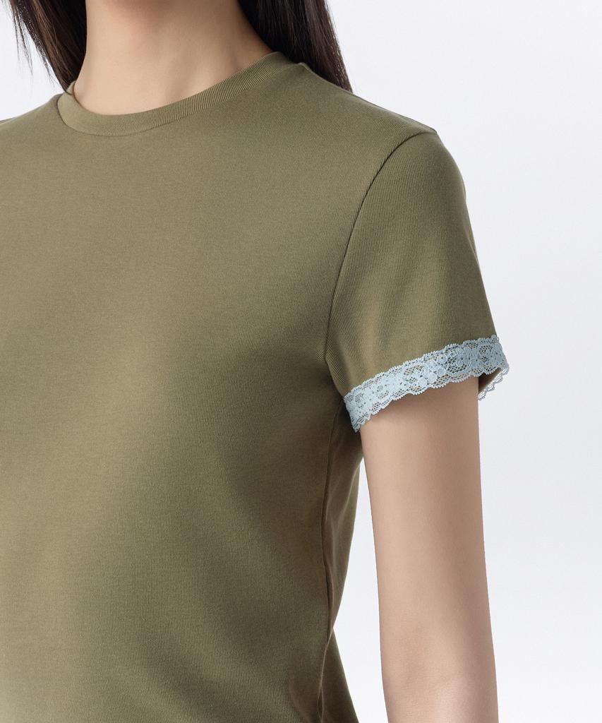 MUSINSA STANDARD WOMAN Women'S Slim Lace Trim T-Shirt [Khaki/Pastel Blue]