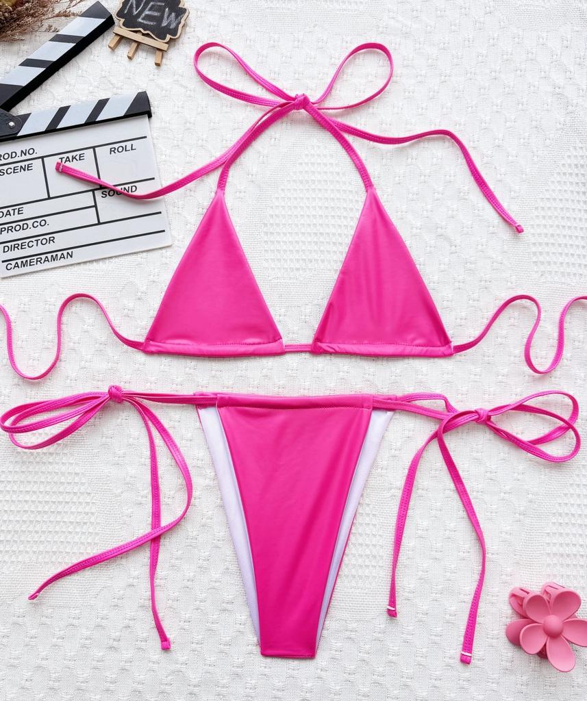 Women's Swimsuits Sexy Solid Color Leather Halter Neck Side Lace Bikini Split Set Beachwear Bathing Suits