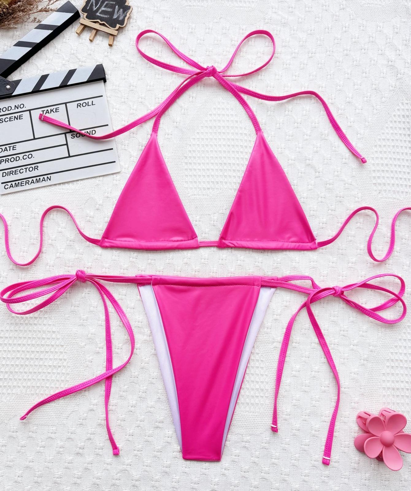 

Женские купальники сексуальные однотонные кожаные бикини с бретелькой через шею и боковыми кружевами, раздельные комплекты, пляжная одежда, купальные костюмы L розовый