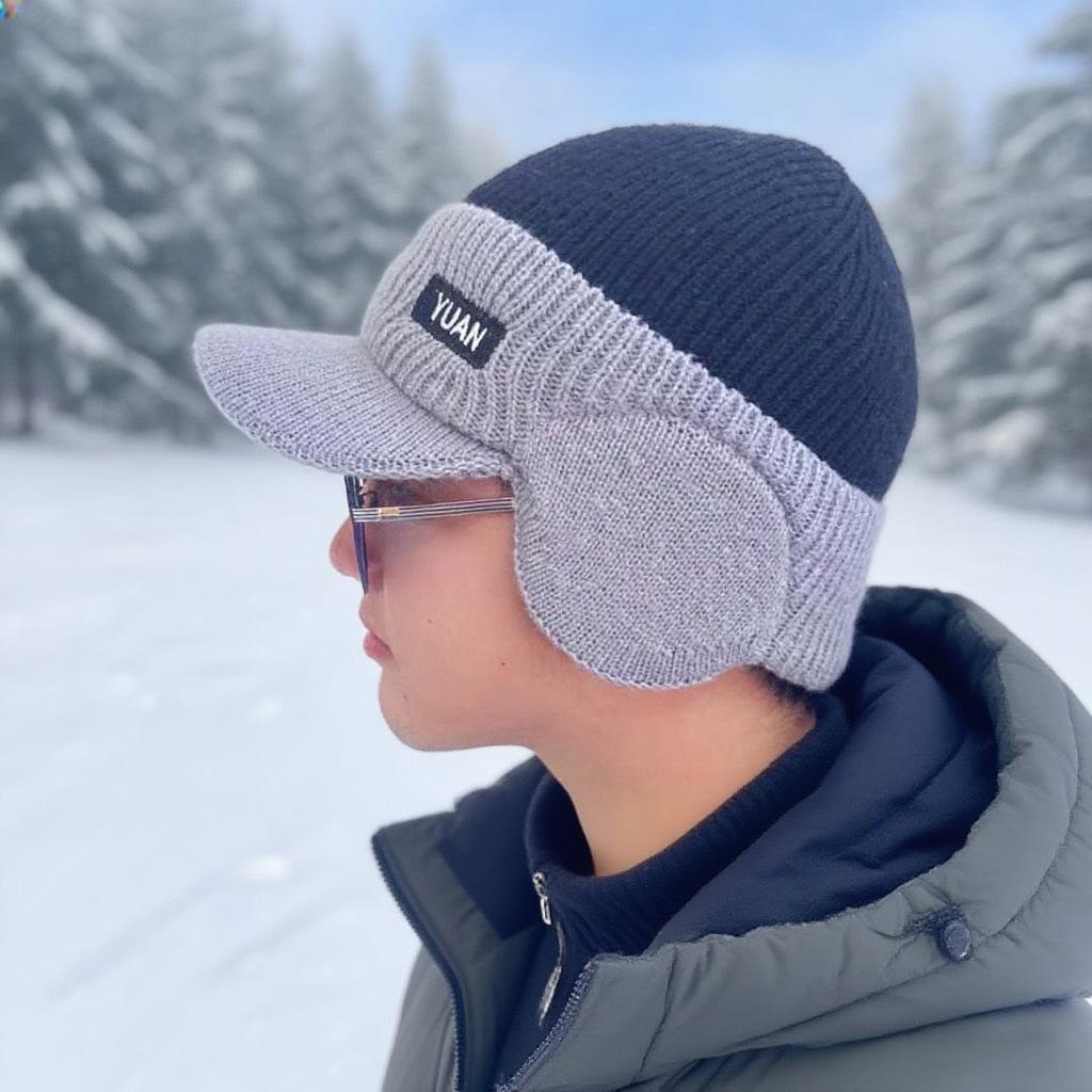 

Hat Men s Duck Tongue Outdoor Ear Protection Warm Fleece Knitted Hat Alphabet Color Matching Pullover Wool Hat темно-синий