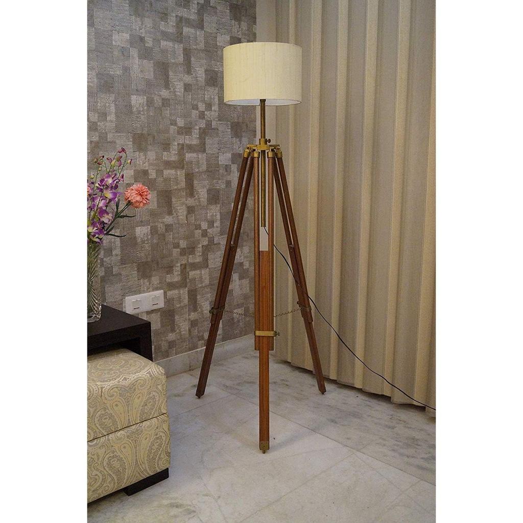 Vintage Brass & Wooden Tripod Floor Lamp with Shade & Bulb – Elegant Antique Home Décor Gift for Lovers, Friends & Family