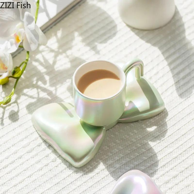 Bow Knot Coffee Cup Saucer Set Light Luxury Ceramic Mug Couple Afternoon Tea Coffee Cup Nordic Home Breakfast Milk Cup Gifts