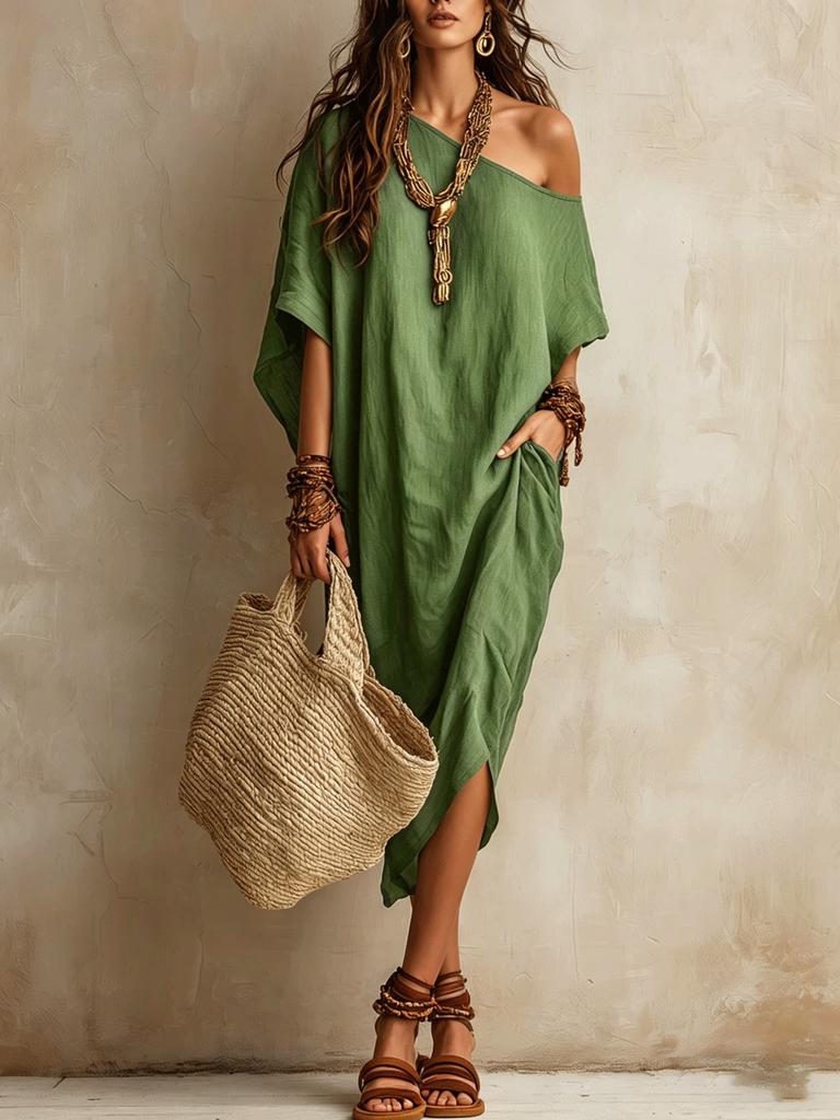 Dámské jednobarevné off-shoulder maxi šaty s netopýřími rukávy a rozparkem, volné, lněné, boho, na dovolenou, dlouhé šaty