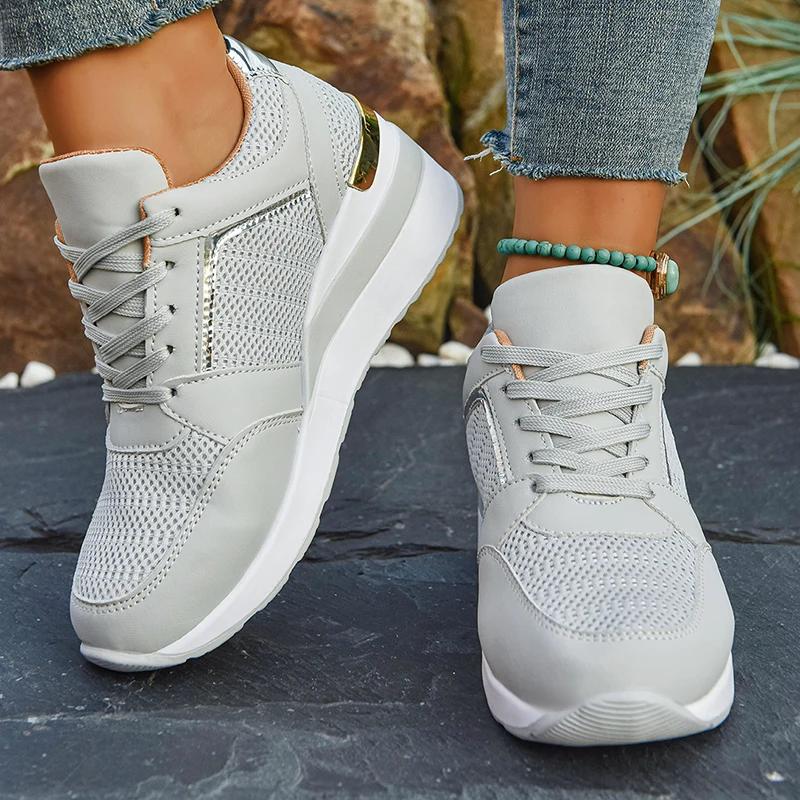 Spring Gold Silver Mesh Wedge Sneakers Women Lightweight Platform Heels Casual Shoes Woman Plus Size 36-43 Lace Up Sneakers