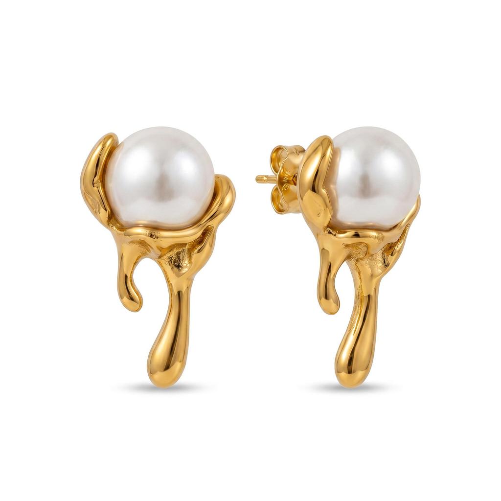 18k Gold Plated Stainless Steel Irregular Pearl Water Drop Earrings - High-End, Light Luxury Accessory.