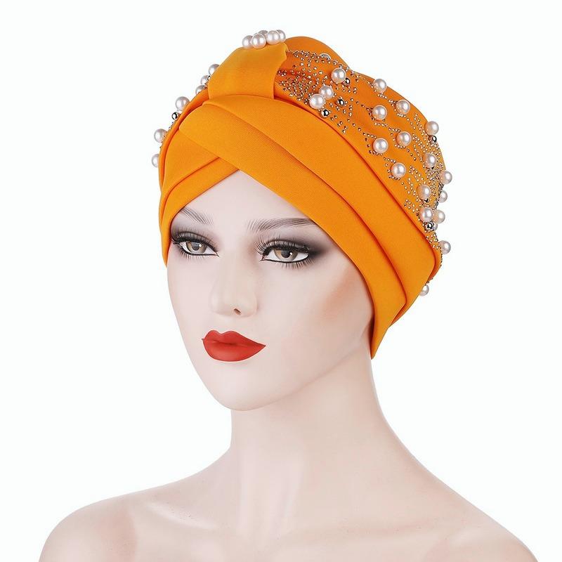 Women's Solid Color Hot Drilling Pearl Turban Hat Cap Head Hat Accessories