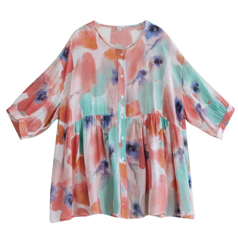 Dimanaf 2025 Letní košile nadměrné velikosti Nová halenka Dámská Knoflíky Dlouhý rukáv Volná Potisk Dámské topy