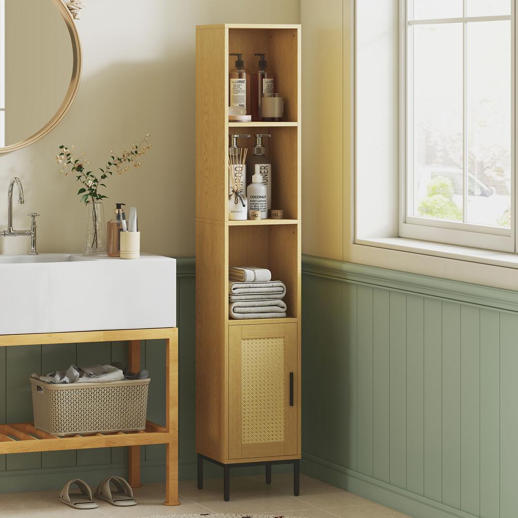 Tall Bathroom Cabinet, Narrow Bathroom Cabinet with Open Shelves and Adjustable Shelf, Natural Wood Look