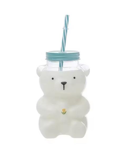 20oz Green Hat Teddy Bear Glass Cup Cute Honey Milk Bottles Water Bottle Glass Bear Coffee Cup with Hat Lid Straw Custom logo 20oz