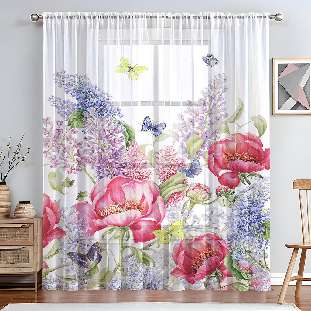 1PC Art Deco Style Sheer Curtain Tiers, Pastoral Flower and Butterfly Print,Rod Pocket, No Bleach, Clear Opacity, for Bedroom, Living Room
