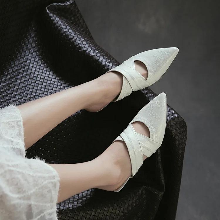 Johnature Temperament Spitse Neus Dunne Hak Slippers Echt Leer Modieus Veelzijdige Dames Slip-on Schoenen