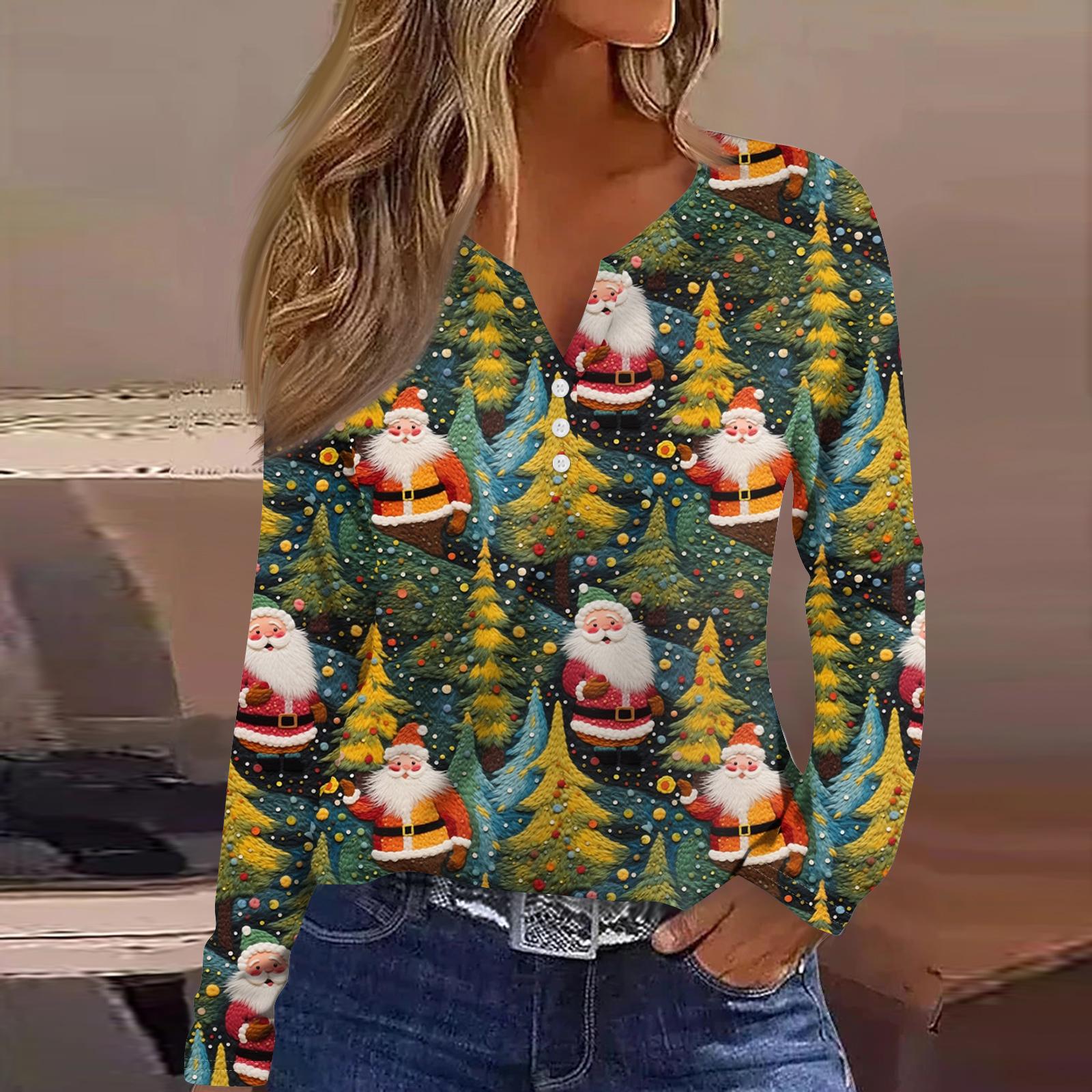 

Женская модная повседневная футболка с V-образным вырезом, на пуговицах, с длинным рукавом, с рождественским принтом S