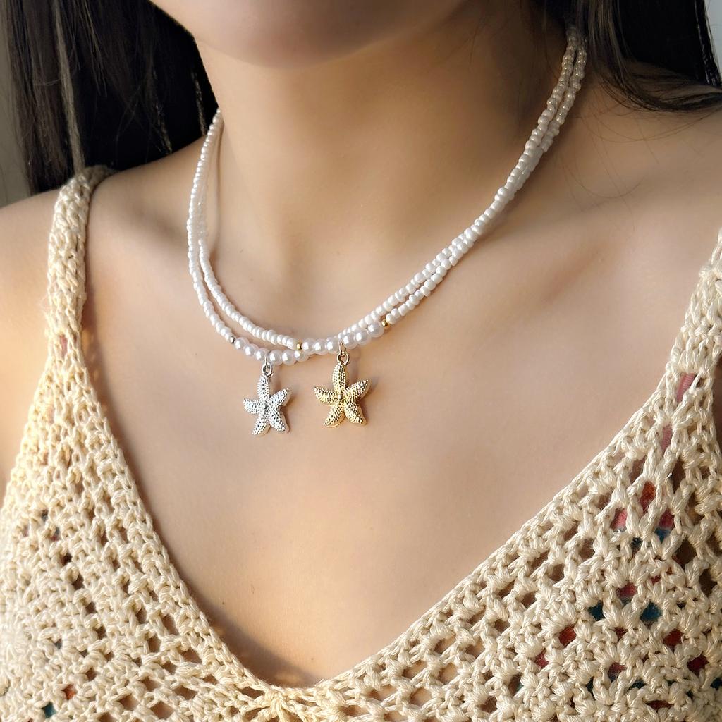 Bohemian Rice Beads Starfish Pendant Necklace for Women Handmade Imitation Pearl Colorful Beaded Choker Summer Beach Jewelry
