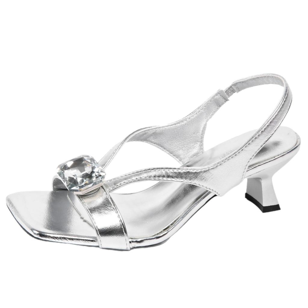 Square head crystal high heel cool slippers women's 2025 summer French temperament sexy rhinestone open toe wearing silver sandals