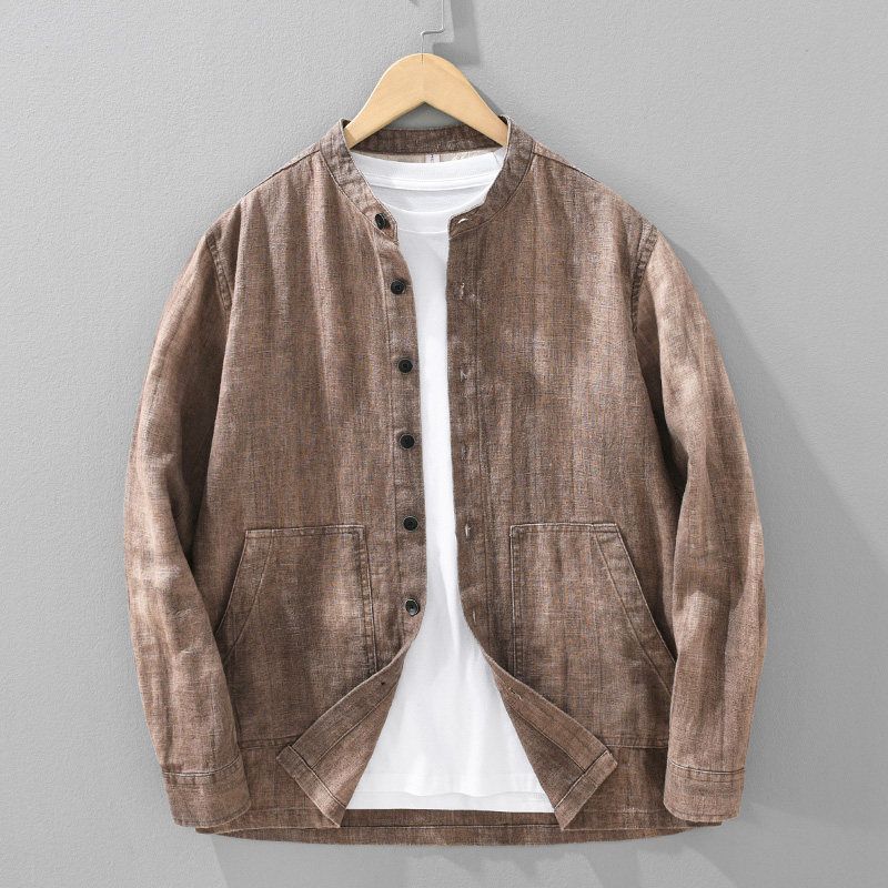 Spring and Autumn Japanese-Style Retro Chinese Stand Collar Cotton and Linen Jacket Men Chinese Style Asian Washing Water Linen Shirt Outwear Thin