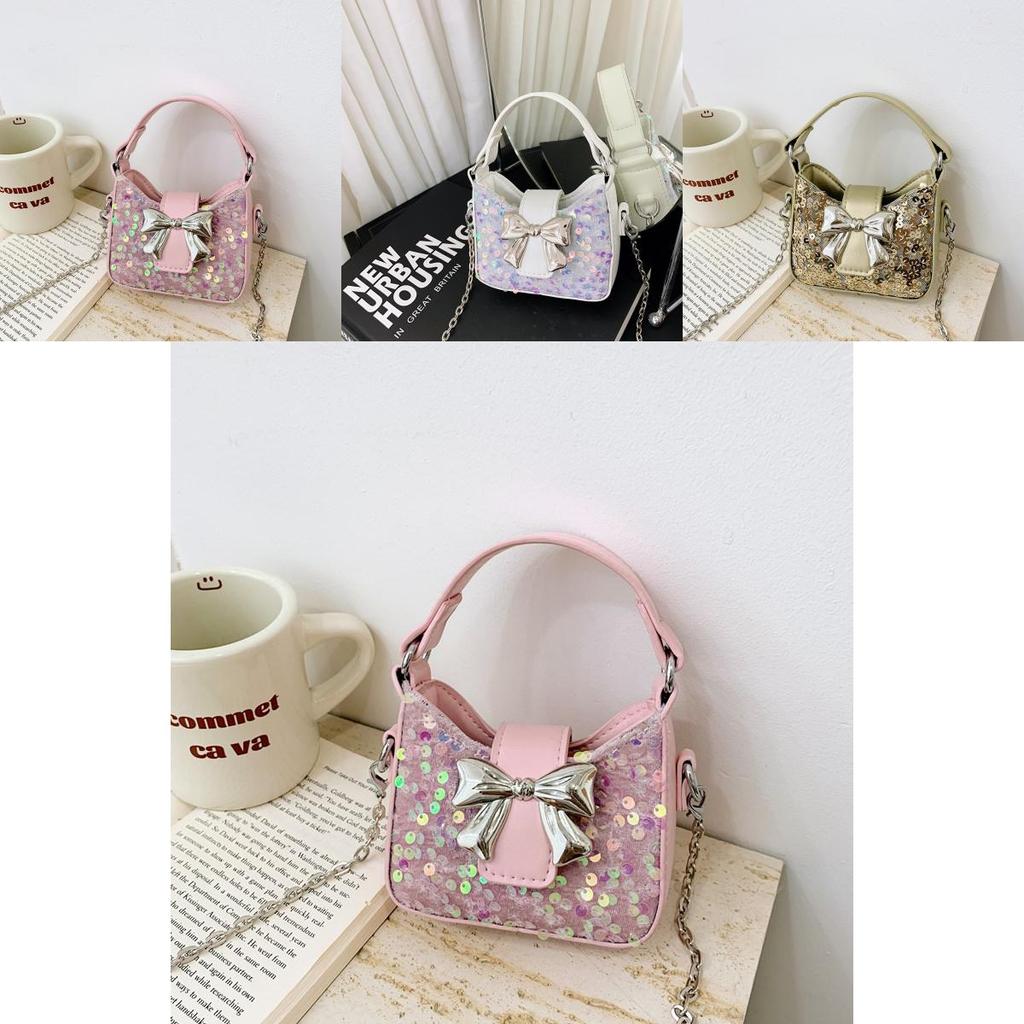 Kids Girl Butterfly Bow Sequin Mini Shoulder Bag With Breathable Pu Material For Daily Use