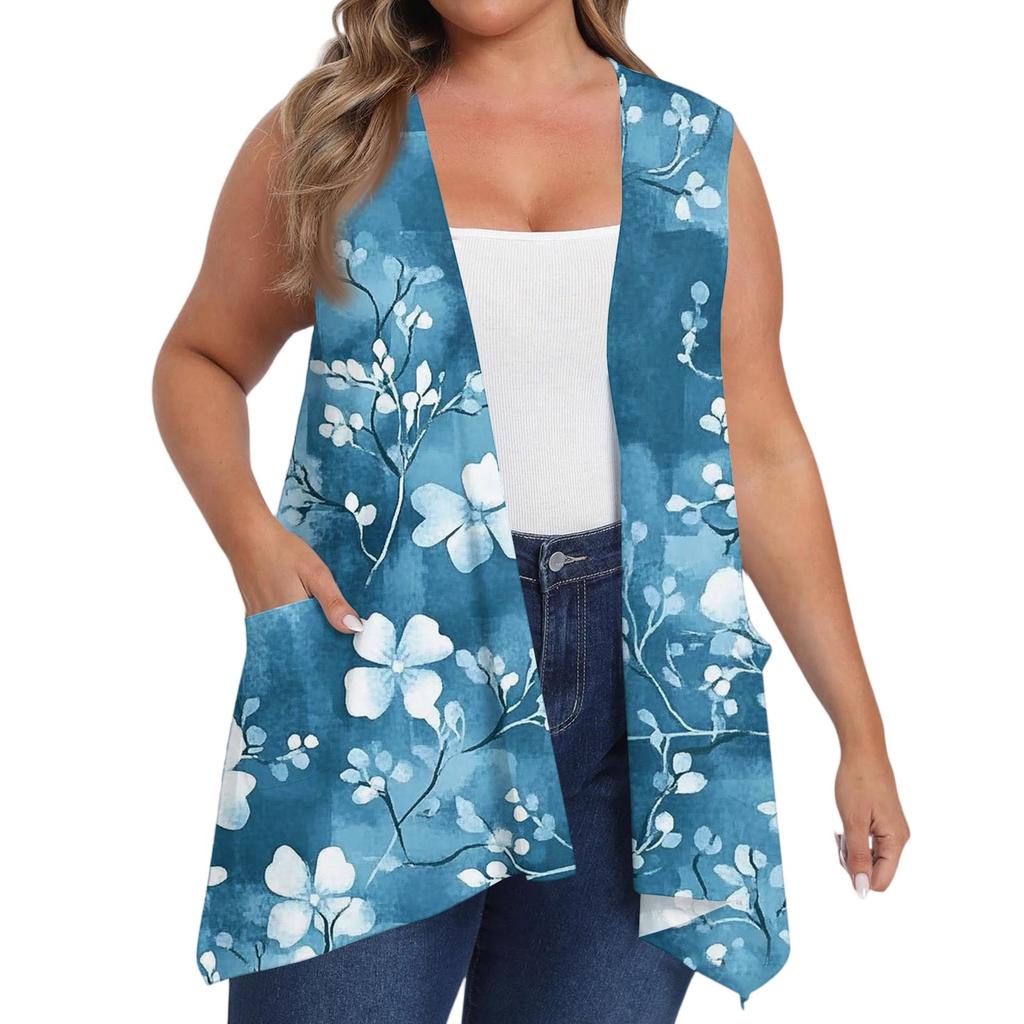 Women's Oversized Loose Casual Printed Sleeveless Vest With Pocket Cardigan Jacket Cardigan Jacket