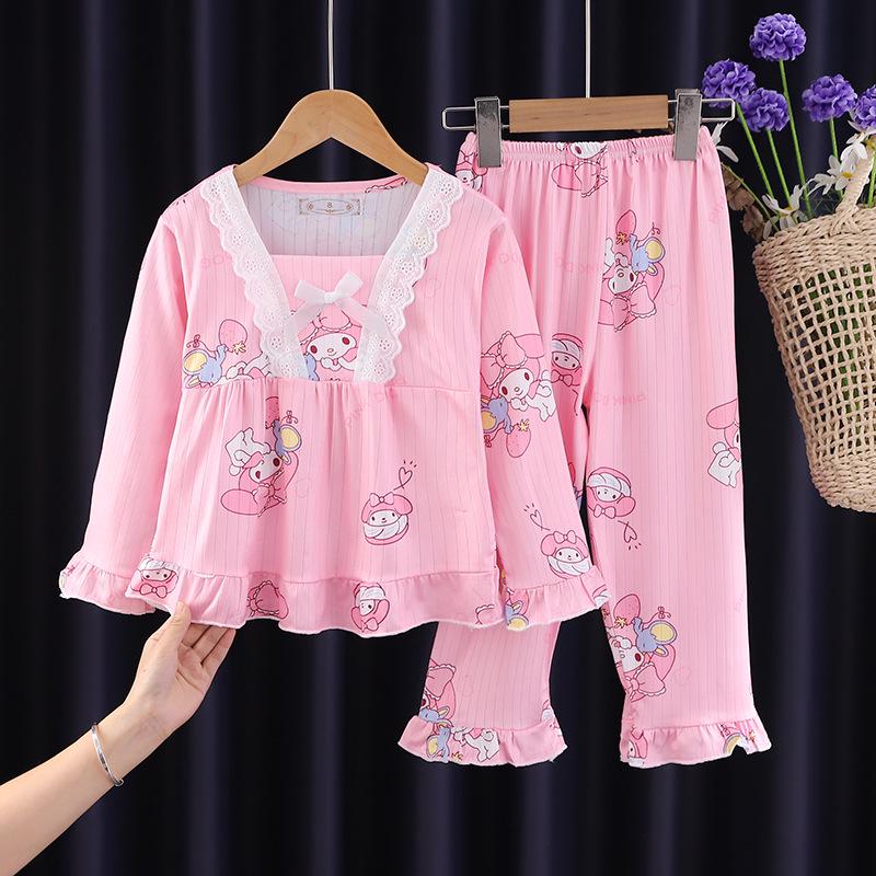 Kids' and Women's Spring Autumn Cartoon Pajama Set - Long Sleeve, Long Pants, KPOP Square Neck Homewear for Middle Large Child Girls