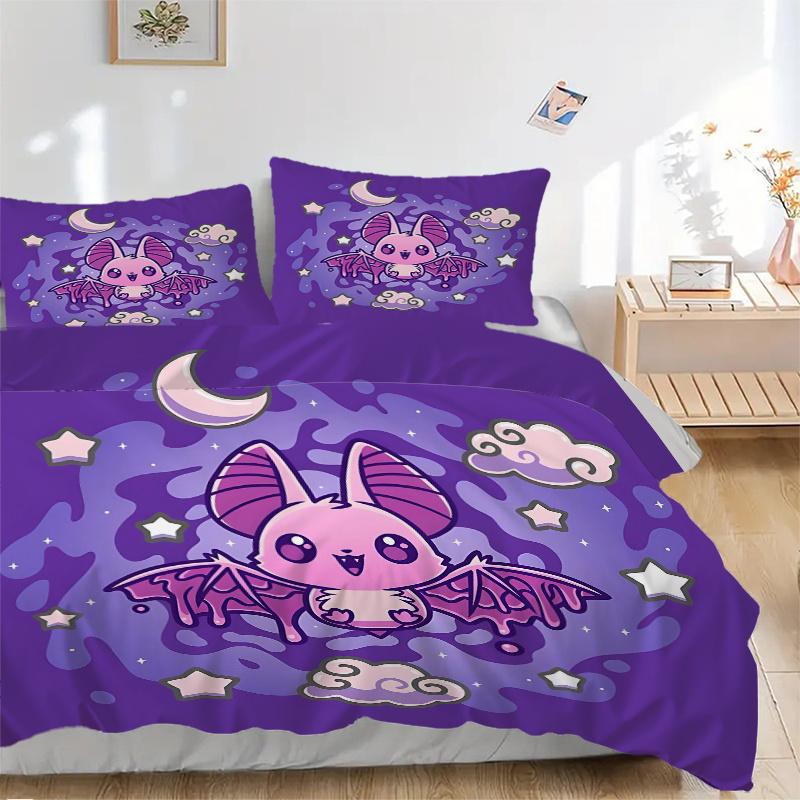 3pcs Cute purple Bat Quilt Set Soft and Comfortable Bedroom, and Dorm Decor Bedding Set 1 Quilt Cover + 2 Pillowcases.L030