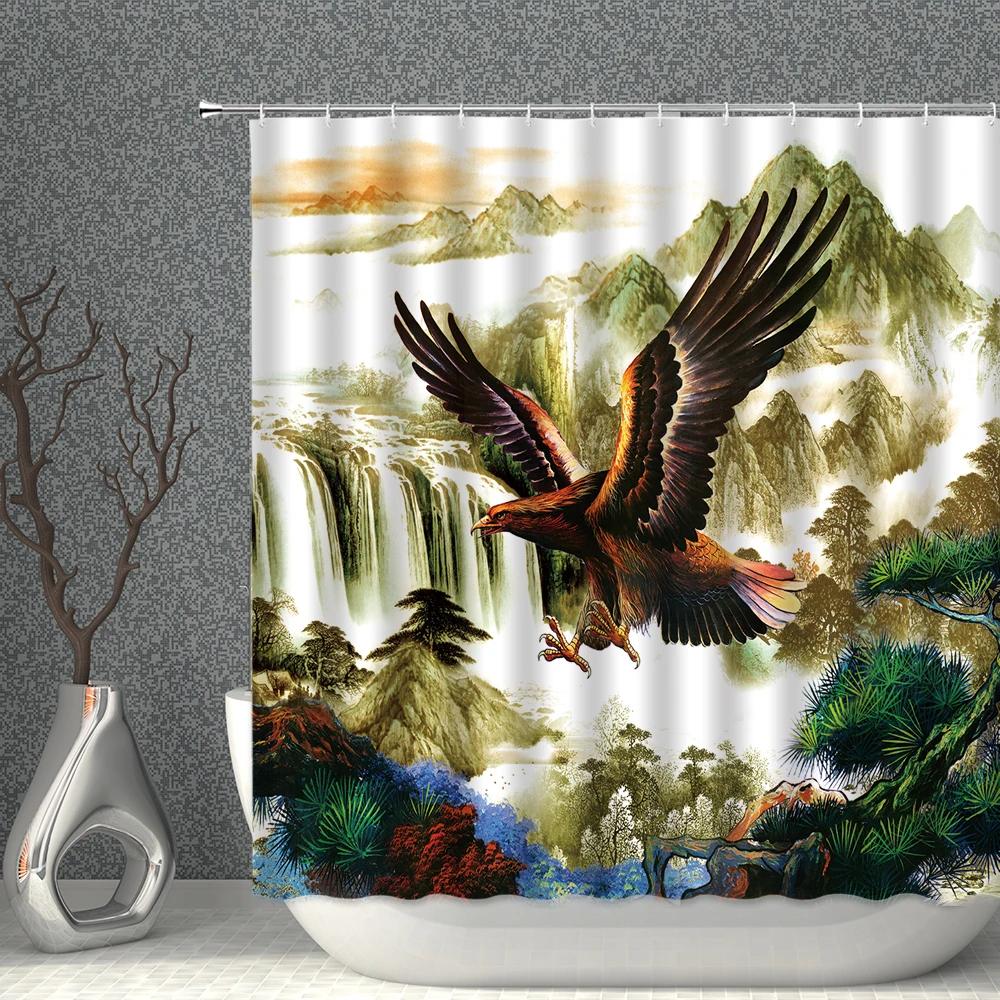 Chinese Style Shower Curtains Waterproof Fabric Flower Bird Eagle Horse Bathroom Curtain With Hooks Bath Screen Home Decoration