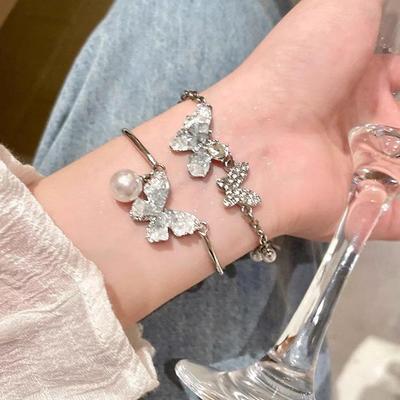 Ice Crystal Gradient Blue Butterfly Bracelet with Pearls - Exquisite Luxury Jewelry for Girls