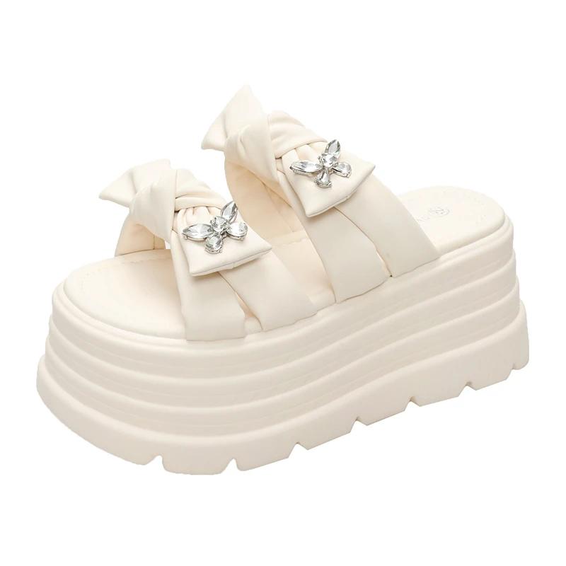 9CM Women's Chunky Slippers Summer High Platform Wedges Shoes Woman Butterfly-Knot Beach Flip Flops Thick Bottom Sandalias Mujer