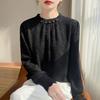 Korean Elegant Lace Crochet Round Neck Velvet-Enhanced Top with Pearl Details - Women's Thick Knit Inner Sweater