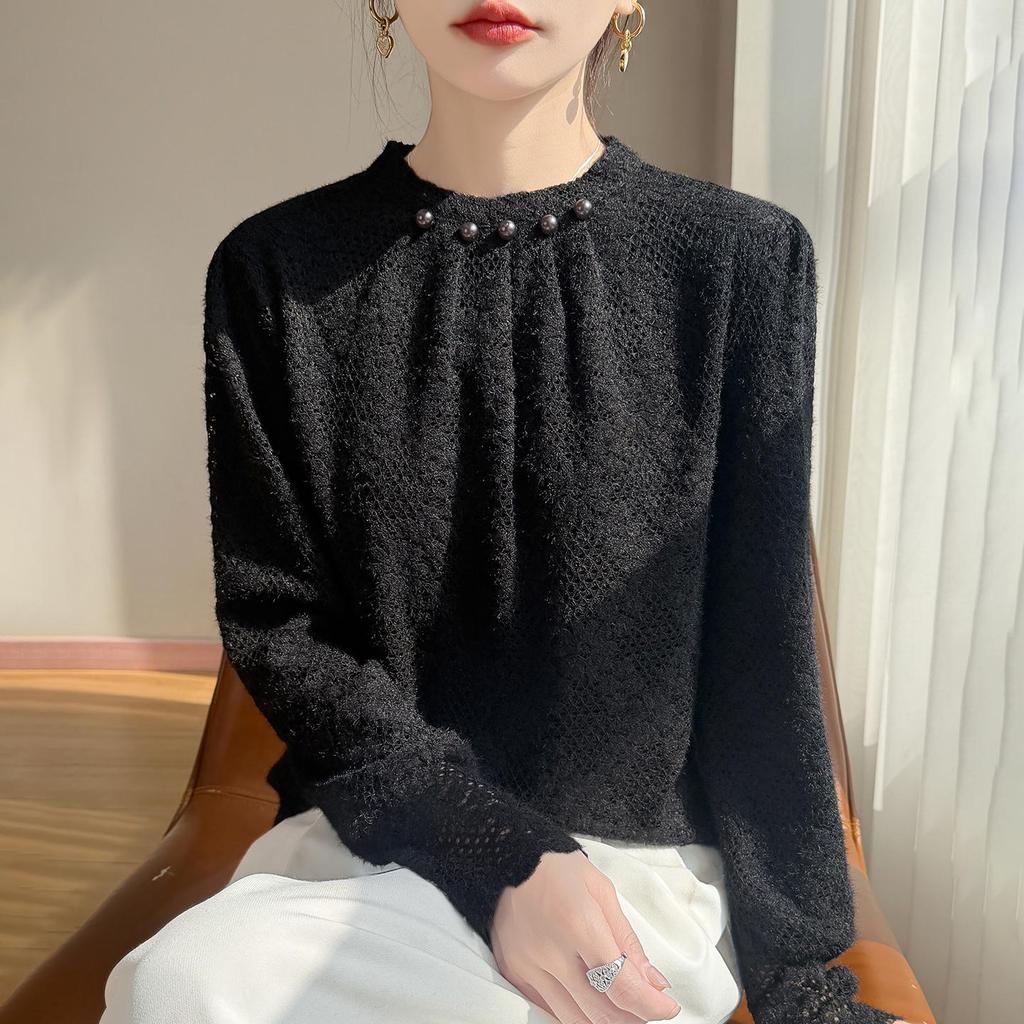 Korean Elegant Lace Crochet Round Neck Velvet-Enhanced Top with Pearl Details - Women's Thick Knit Inner Sweater