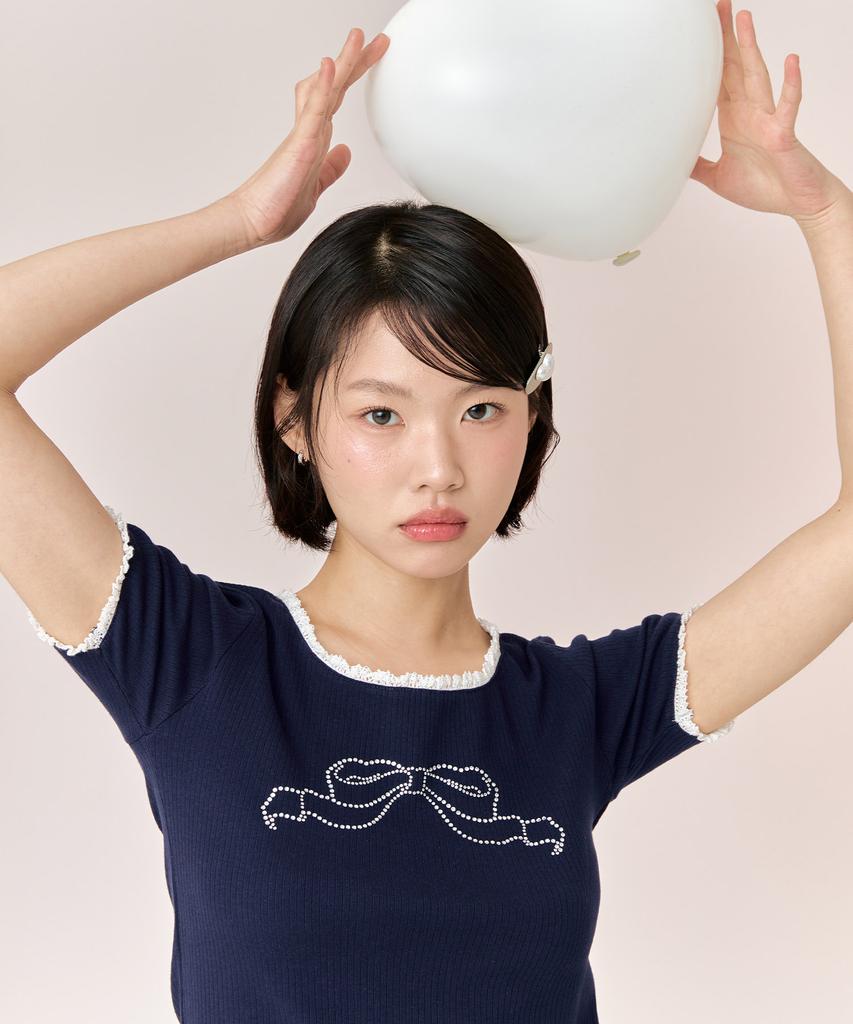 ADOREBELLE Ribbon Cubic T-Shirt - Navy